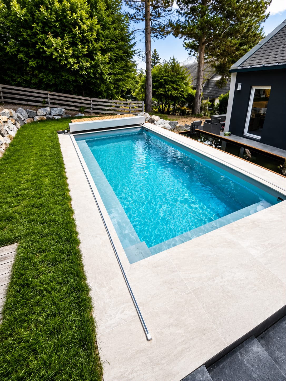Individuell gebauter Swimmingpool in Unterkirnach im Schwarzwald mit türkisblauem Wasser, heller Poolumrandung, integrierter Liegefläche und Poolabdeckung. Exklusiver Poolbau von Kilian – Gärten & Pools.