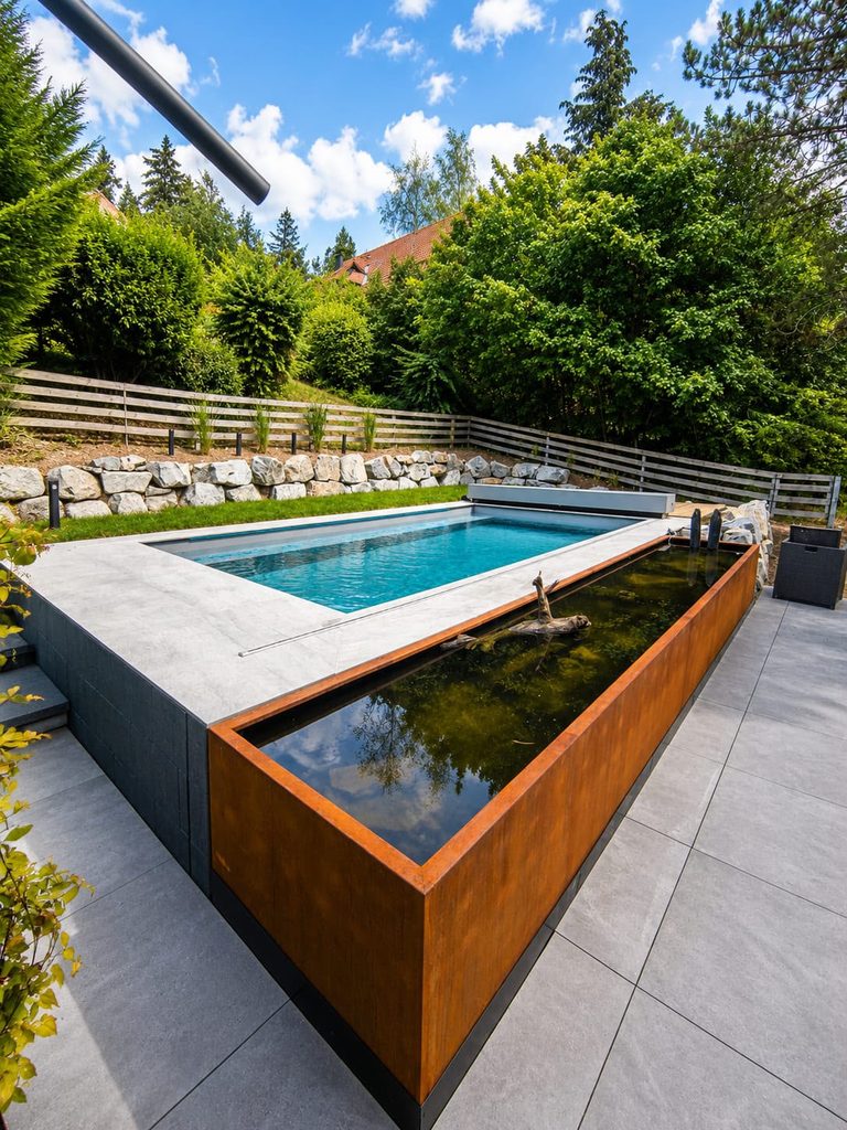 Moderner Poolbau in Unterkirnach im Schwarzwald mit individuell gebautem Swimmingpool, heller Poolumrandung und separatem Wasserbecken aus Cortenstahl als dekorativem Biotop. Pool- und Gartengestaltung von Kilian – Gärten & Pools.