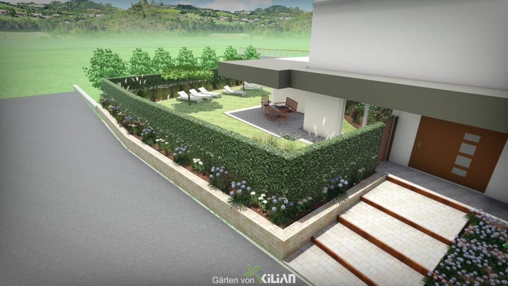 3D-Gartenplanung in Tuttlingen-Möhringen mit Natursteinmauer, modernen Eingangsstufen, Bepflanzung und Vorgartengestaltung